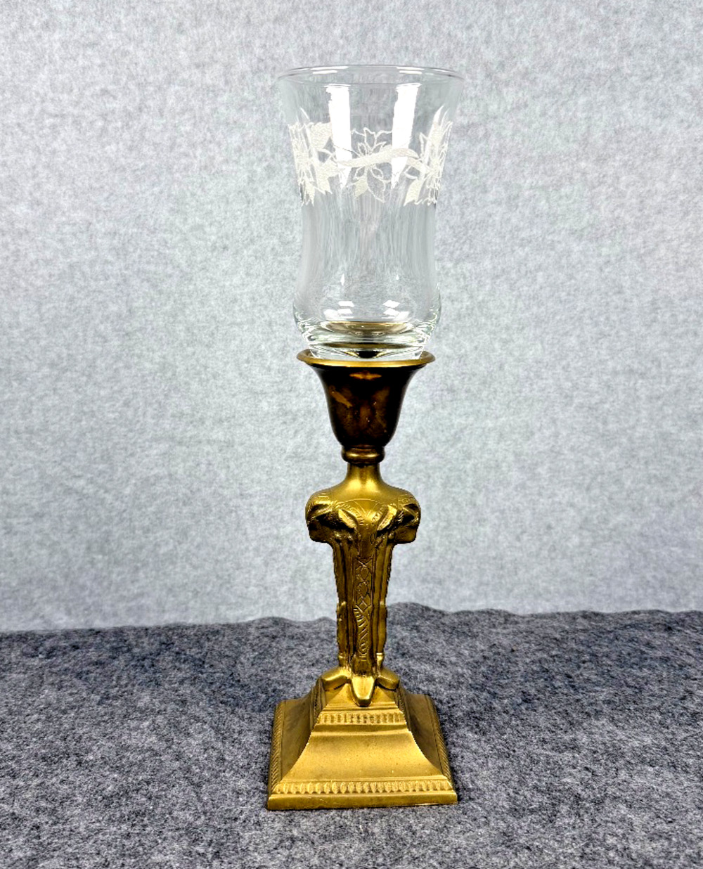 Vintage Brass Hurricane Candlestick Ram Head Etched Glass Shade 12"
